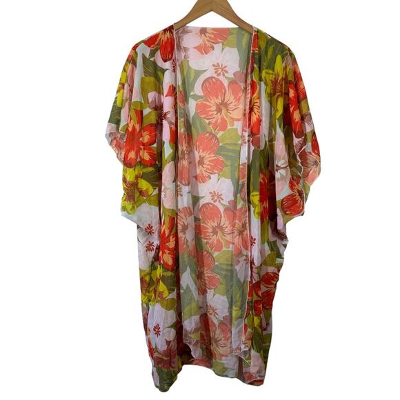 Tropical Kimono Women OS Orange Green Hawaiian Floral Short Sleeve Beach Pool - Picture 1 of 5